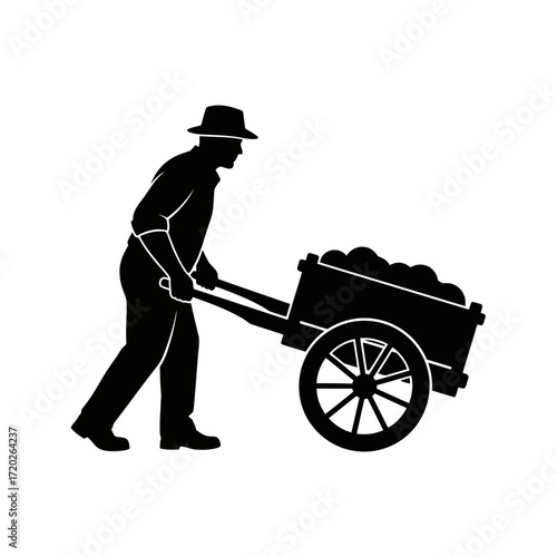 Farmer pushing a cart filled with produce silhouette isolated on white background