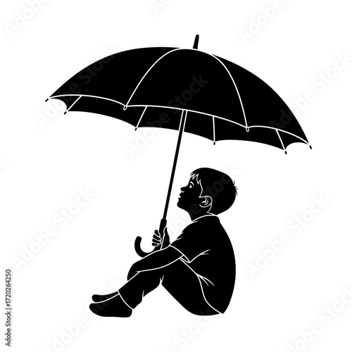 Boy sitting under an umbrella silhouette isolated on white background