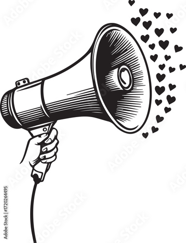 Amplifying Love: A hand, firmly grasps a megaphone, its message of affection visually expressed through an artistic outpouring of hearts.
