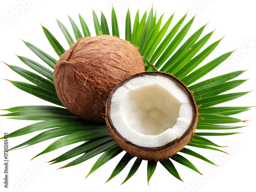 Whole and Halved Coconut on Green Palm Leaves Against coconuts whole coconut isolated on a transparent background