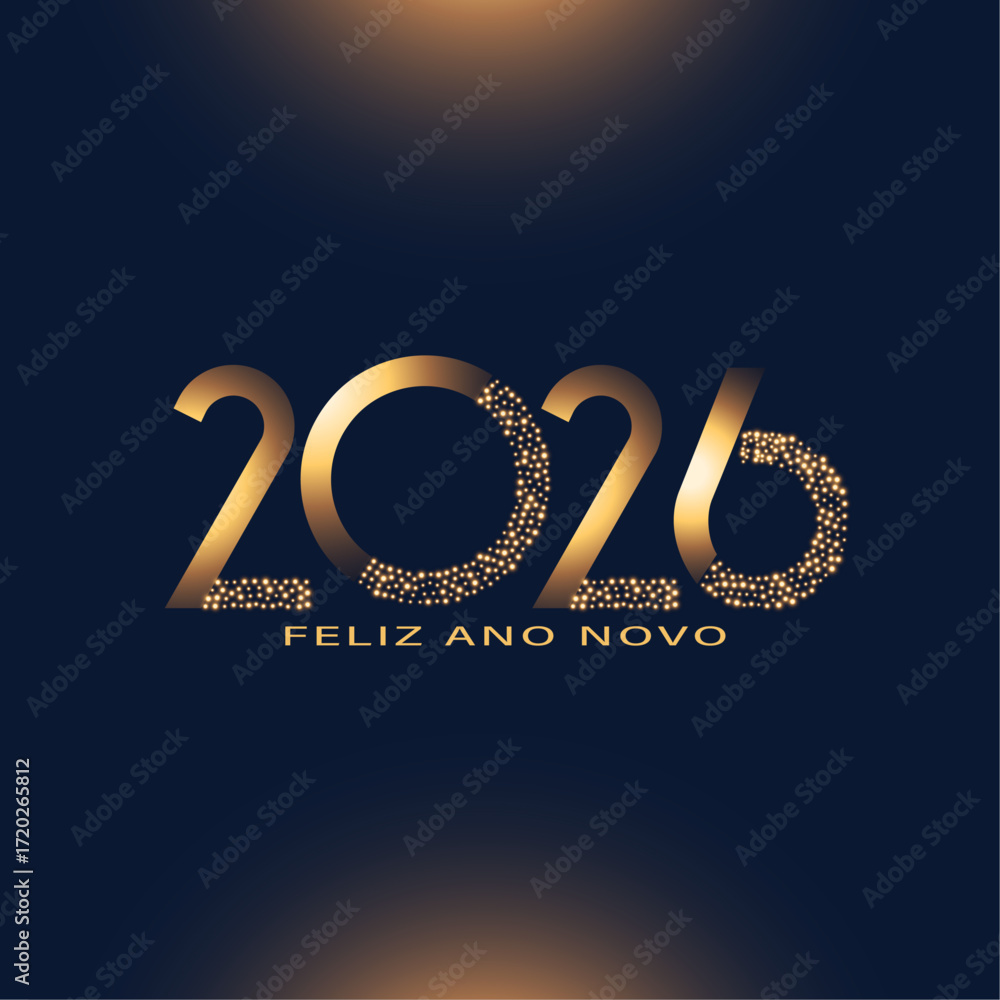 Cartão ou banner para desejar um feliz ano novo de 2026 em dourado sobre fundo preto com detalhes em dourado.