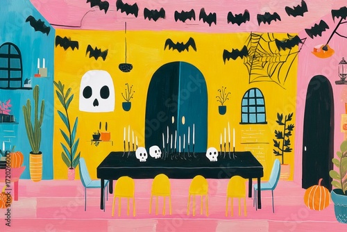 Wallpaper Mural Vibrant autumn decorations showcase a collection of skulls and lit candles set against a pink backdrop, perfect for Halloween festivities. Plants add a lively touch to the display Torontodigital.ca