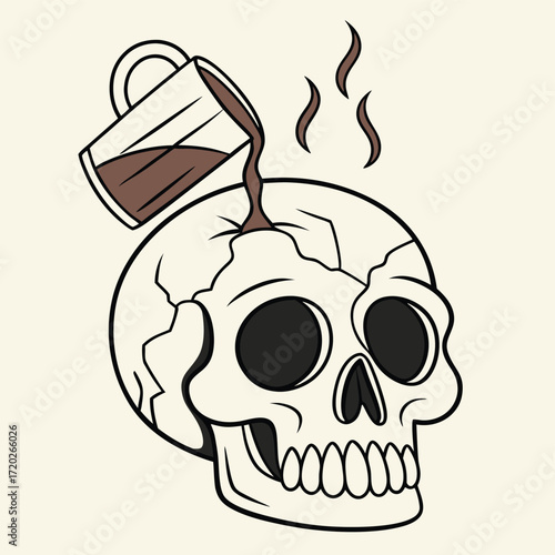 Vector art of a handdrawn illustration of coffee being poured into a cracked skull, with steam rising