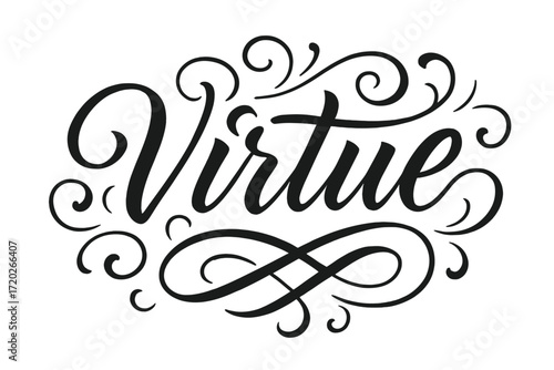 Elegant Calligraphy Lettering. “Virtue”. Elegant modern calligraphy lettering with bold and saturated thick