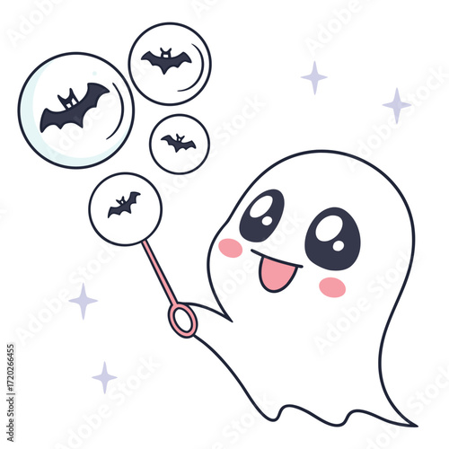 Adorable ghost blows spooky bat bubbles in the air, perfect for festive invitations and playful Halloween designs that bring smiles to trick-or-treaters