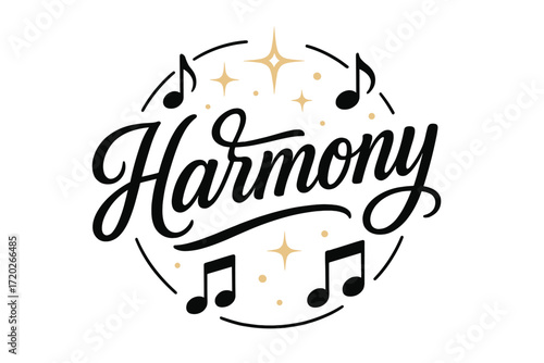 Musical Harmony Glow. “Harmony”. modern hand lettering, smooth curves, balanced composition, clear readable