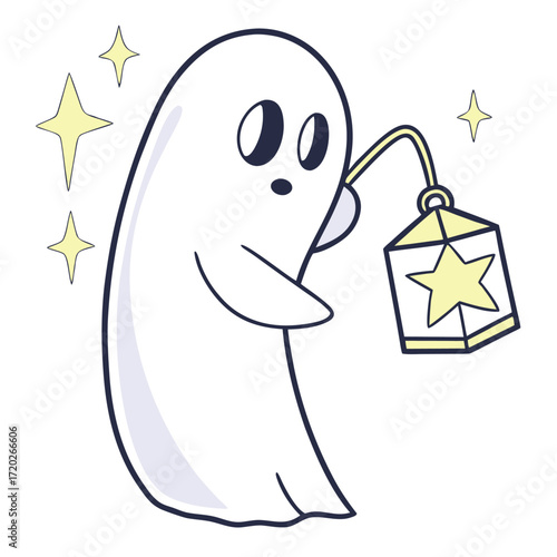 Adorable cartoon ghost is ready for trick or treat with its star lantern, perfect for invitations or Halloween crafts and festive projects