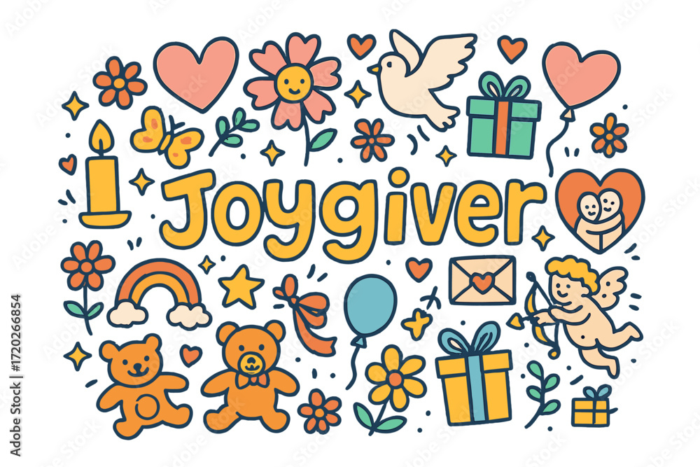 Naklejka premium Joyful Doodle Art. Joygiver. Hand-drawn doodle illustration of Joygiver. hearts, flowers, gift boxes, doves,