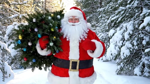 Santa Claus Walking Through Snowy Forest Carrying Christmas Tree in Bright Winter Scene with Natural Light