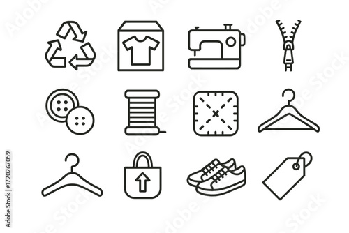 Circular Fashion Icons. Circular Fashion. Line outline icon set of Circular Fashion: recycling arrows,