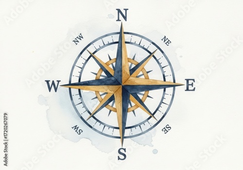 Watercolor compass rose with cardinal directions n, s, e, w, isolated on a white background