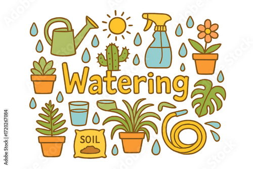 Watering Doodle Scene. Watering. Hand-drawn doodle illustration of Watering. Watering can, spray bottle,
