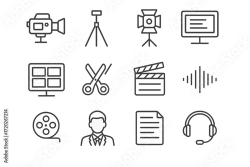 News Production Icons. News Production. Line outline icon set of News Production: video camera, tripod, studio