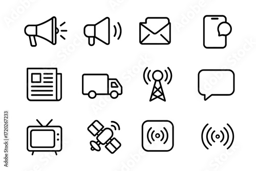 News Icons Grid. News Delivery. Line outline icon set of News Delivery: megaphone, loudspeaker, email,