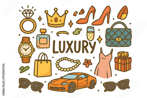 Luxury Doodle Collage. Luxury. Hand-drawn doodle illustration of Luxury. Diamond ring, golden crown, high