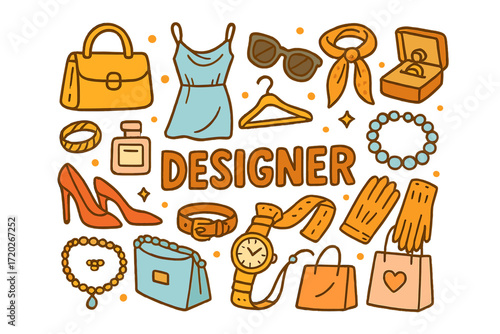 Fashion Designer's Essentials. Designer. Hand-drawn doodle illustration of Designer. Handbag, silk dress,