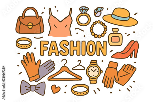 Fashion Doodle Collage. Fashion. Hand-drawn doodle illustration of Fashion. Designer handbag, silk dress,