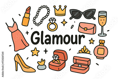 Chic Glamour Doodles. Glamour. Hand-drawn doodle illustration of Glamour. Red lipstick, high heels, pearl