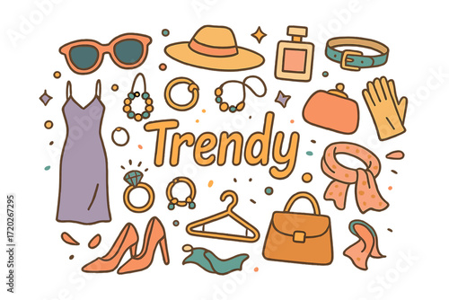 Trendy Fashion Doodle. Trendy. Hand-drawn doodle illustration of Trendy. Sunglasses, silk dress, high heels,