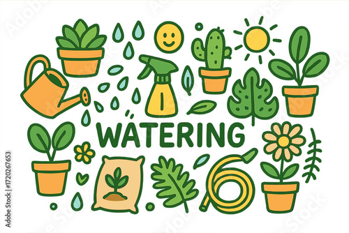 Watering Doodle Art. Watering. Hand-drawn doodle illustration of Watering. Watering can, spray bottle,