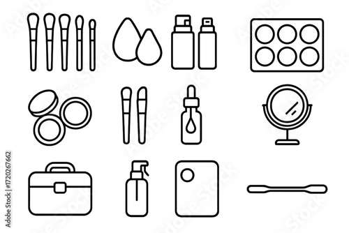 Professional Makeup Icons. Professional Makeup Kit. Line outline icon set of Professional Makeup Kit: brush