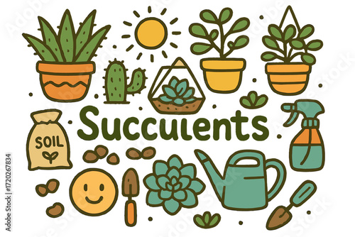 Succulent Garden Doodles. Succulents. Hand-drawn doodle illustration of Succulents. Potted aloe, cactus, jade