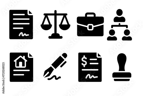 Estate Planning Icons. Estate planning. Filled icon set of Estate planning: will document, legal balance scale