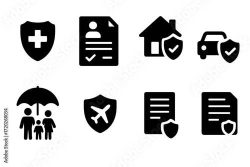 Insurance Icon Set. Insurance planning. Filled icon set of Insurance planning: health shield, life insurance