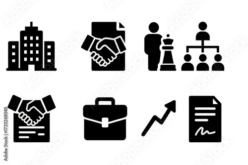 Business Icon Set. Business succession. Filled icon set of Business succession: office building, handshake