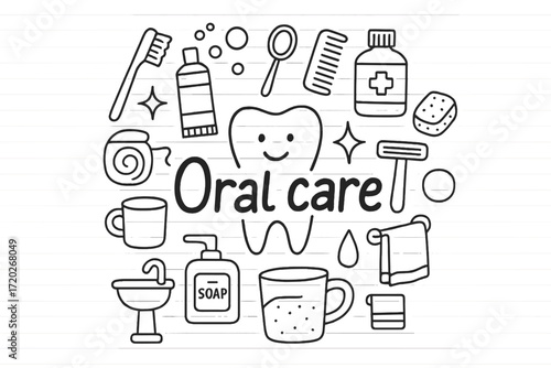 Oral Care Doodle. Oral care. Hand-drawn doodle illustration of oral care. In the middle, one slightly larger