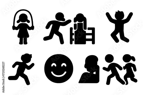 Children Activity Icons. Children activities. Filled icon set of Children activities: skipping rope, chasing
