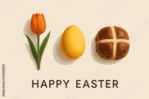 Minimalist Easter Collage. “Happy Easter”. Create a minimalist collage-style poster illustration that visually