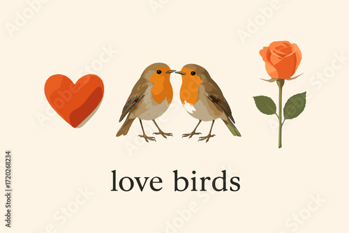 Minimalist Love Birds. “love birds”. Create a minimalist collage-style poster illustration that visually