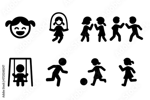 Children's Fun Icons. Children’s fun. Filled icon set of Children’s fun: laughing child, jumping rope, chasing