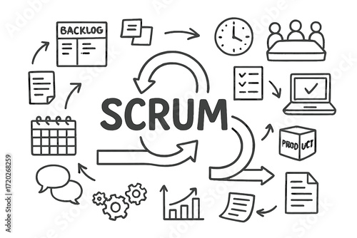 Scrum Doodle Illustration. Scrum. Hand-drawn doodle illustration of scrum. In the middle, one slightly larger
