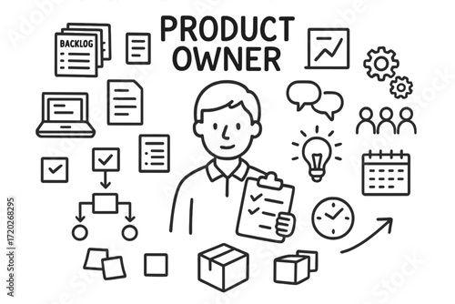 Product Owner Doodle. Product owner. Hand-drawn doodle illustration of a product owner. In the middle, one
