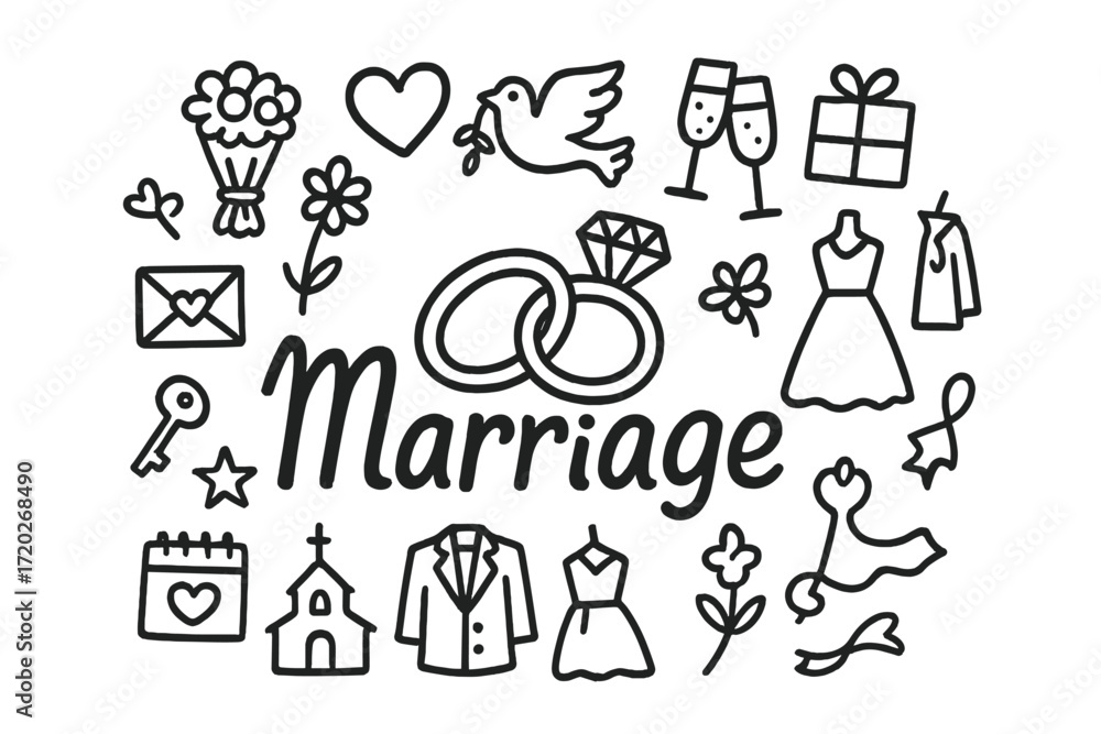 Fototapeta premium Whimsical Wedding Doodles. Marriage. Hand-drawn doodle illustration of marriage. In the middle, one slightly