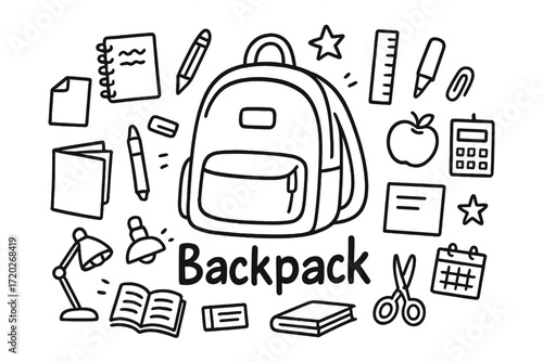 Backpack and School Supplies. Backpack. Hand-drawn doodle illustration of a backpack. In the middle, one