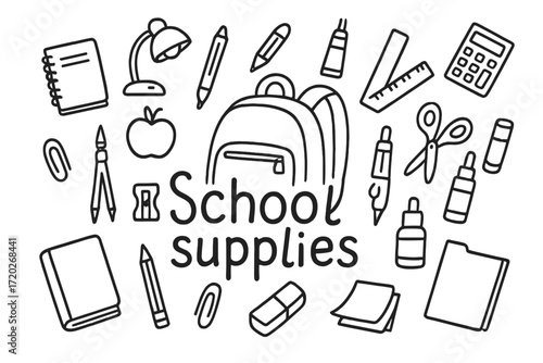School Supplies Doodle. School supplies. Hand-drawn doodle illustration of school supplies. In the middle, one