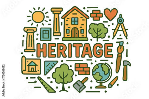 Heritage Doodle Illustration. Heritage. Hand-drawn doodle illustration of Heritage. Old house, column, bricks,