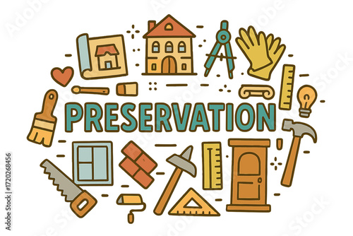 Preservation Doodle Illustration. Preservation. Hand-drawn doodle illustration of Preservation. Old building,