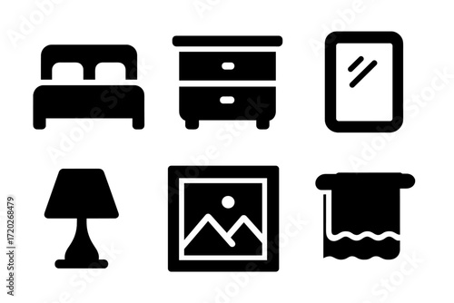 Bedroom Decor Icons. Bedroom decor. Filled icon set of Bedroom decor: bed, nightstand, dresser, mirror,