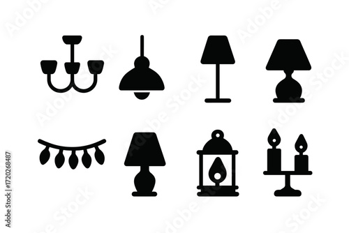 Decorative Lighting Icons. Decorative lighting. Filled icon set of Decorative lighting: chandelier, pendant