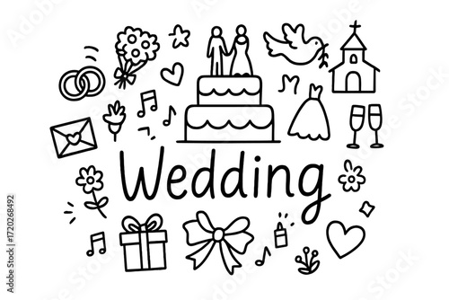 Doodle Wedding Celebration. Wedding. Hand-drawn doodle illustration of a wedding. In the middle, one slightly