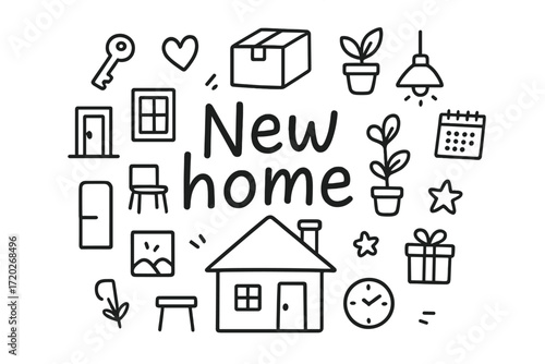 New Home Doodle. New home. Hand-drawn doodle illustration of a new home. In the middle, one slightly larger