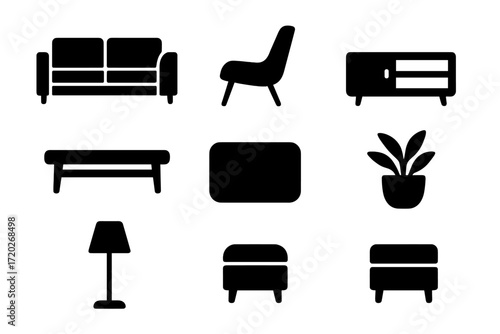 Modern Living Room Icons. Modern living room. Filled icon set of Modern living room: sectional sofa, lounge