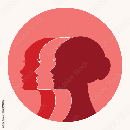 Vector art of three female profiles in silhouette, representing sisterhood, diversity, and unity, set against a soft pink circular background