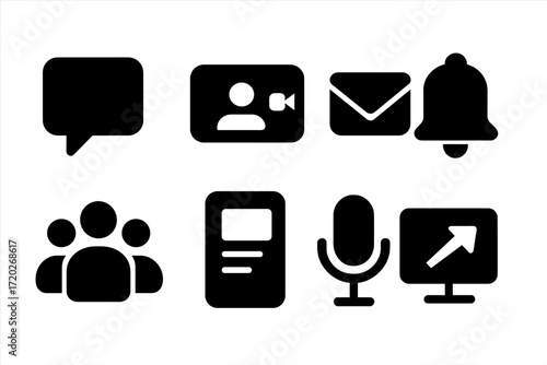 Digital Communication Icons. Online communication. Filled icon set of Online communication: chat bubble, video