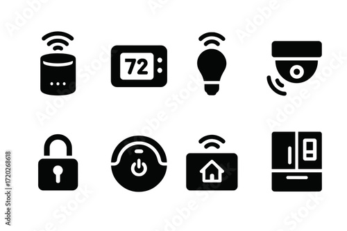 Smart Home Icons. Smart home. Filled icon set of Smart home: smart speaker, thermostat, smart light bulb,