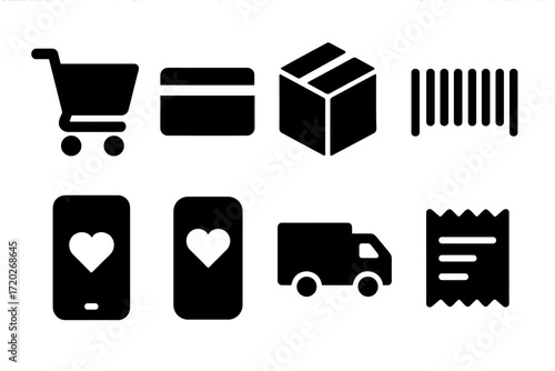 Online Shopping Icons. Online shopping. Filled icon set of Online shopping: shopping cart, credit card,